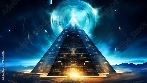 Pyramid surrounded by planets in the night. Esoteric, ancient wisdom and astrology concept animation. photo