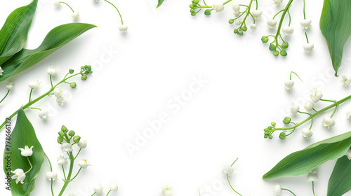 An elegant display of lily of the valley flowers and leaves forming a graceful frame on a pristine white background photo
