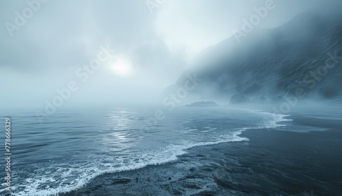 Coastal Foggy Morning, Misty shores and fog rolling in from the sea, creating an ethereal and mysterious atmosphere