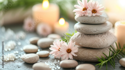 Zen spa concept with balanced stones, candles, and daisies for tranquility and wellness.