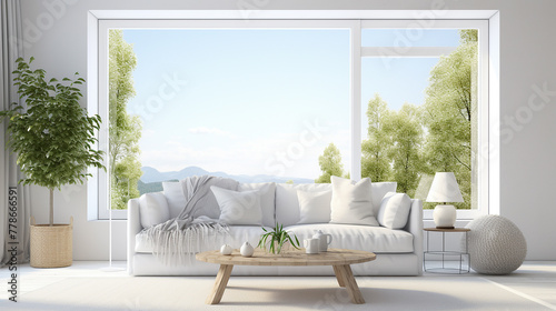 white living room with soda and summer landscape