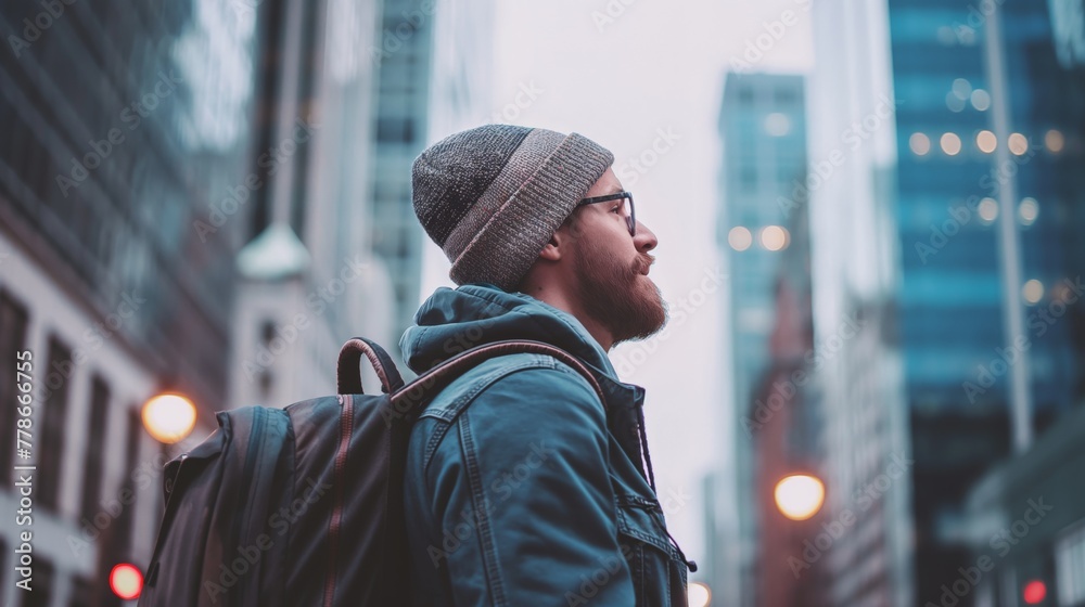 Male traveler with hat backpack side face stands on city street beside tall building Caucasian with spectacles eyeglasses beard Male traveler with hat backpack side face stands on city street beside tall building Caucasian with spectacles eyeglasses beard