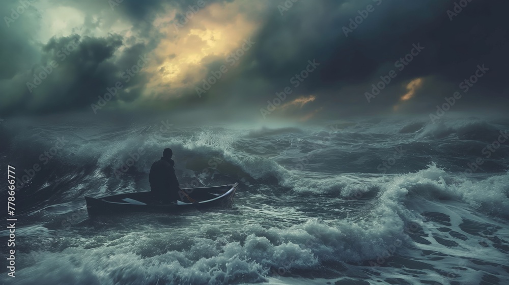 Silhouette of man on boat on fierce ocean waves middle of sea bad weather during sunset Silhouette of man on boat on fierce ocean waves middle of sea bad weather during sunset