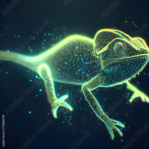 Chameleon in linear and particle form with dark background.with Generative AI technology
