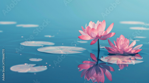 A beautifully rendered image with two pink lotus flowers reflecting on water  surrounded by floating lily pads