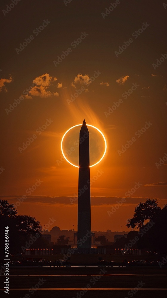 Solar eclipse silhouette against American monument, sunrise, frontal, silhouettes