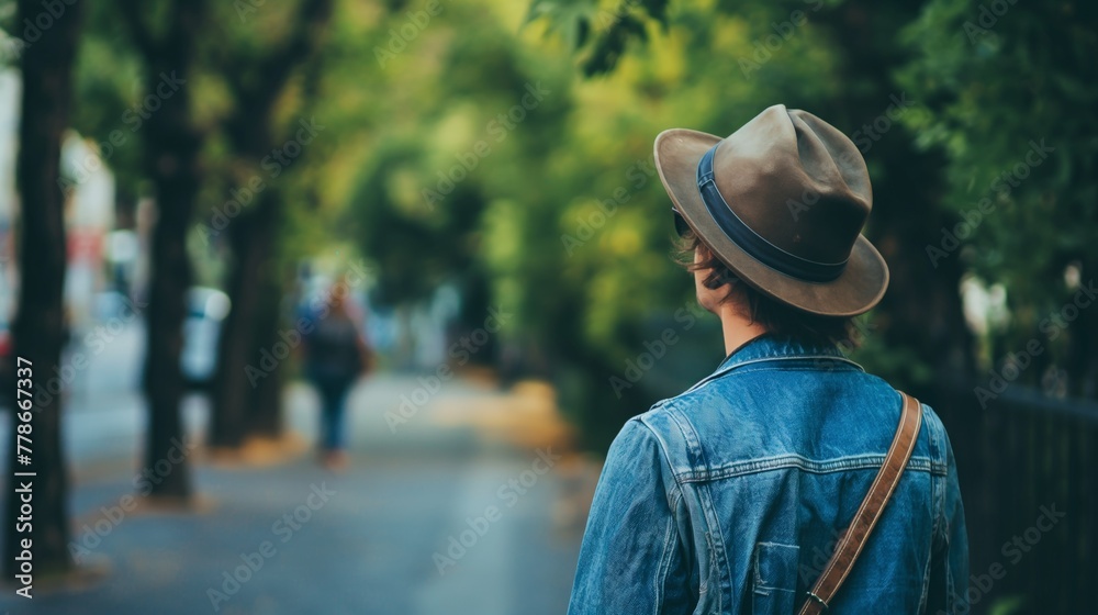 Traveler with hat denim jacket shoulder bag stands on street with row of trees searching for the right direction