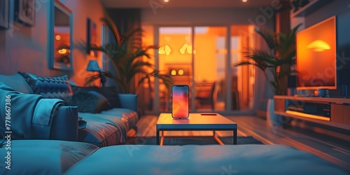 Cozy Smart Home Living Room with Interconnected Devices and Smartphone Control
