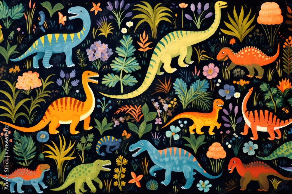 Dinosaurs, A playful pattern of dinosaurs in a prehistoric setting, AI generated Dinosaurs, A playful pattern of dinosaurs in a prehistoric setting, AI generated