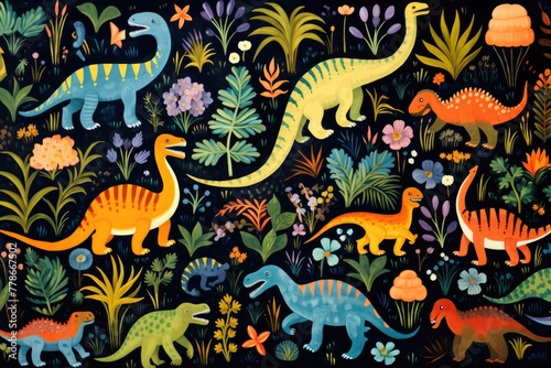 Dinosaurs  A playful pattern of dinosaurs in a prehistoric setting  AI generated