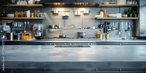 Fototapeta Naklejka Na Ścianę i Meble -  Elegant Culinary Workspace with Stainless Steel Countertop and Shelves Showcasing Gourmet Kitchen Gadgets and Appliances for Professional Chefs and