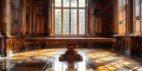 Elegant Pedestal Table in Opulent Historic Mansion Interior with Lavish Wood Paneling and Geometric Floor Patterns for Heritage Products photo