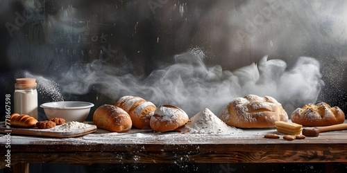 Freshly Baked Pastries and Rolls on Flour Dusted Bakery Table with Aromatic Steam and Tempting Atmosphere