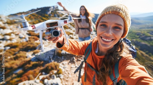 young adventurers taking a selfie with a drone camera, combining technology and exploration in a fun, new way. © Sasint