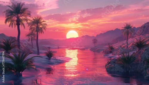 Desert Oasis at Sunrise, Glowing hues of pink and orange as the sun rises over an oasis in the desert, creating a tranquil and surreal atmosphere