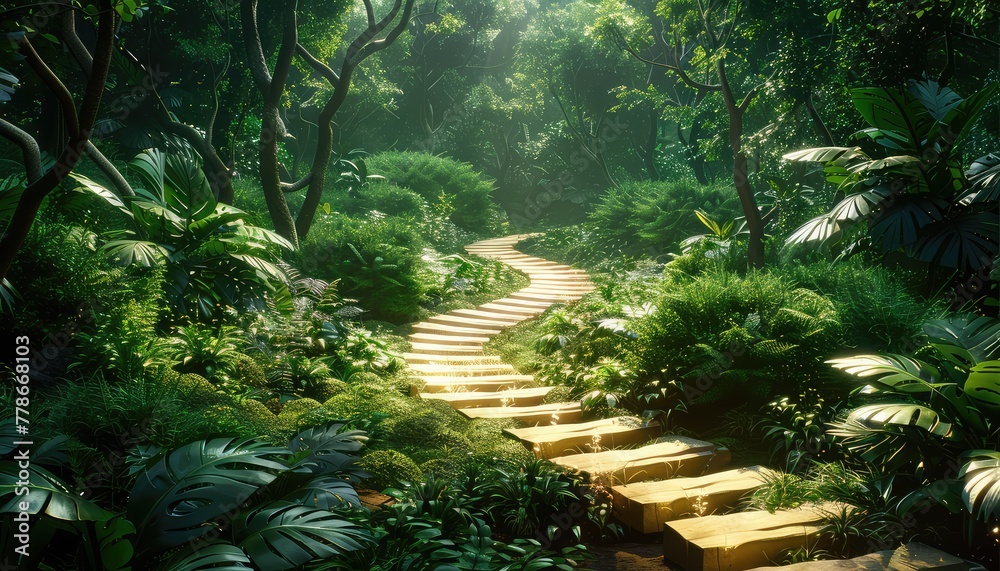 Naklejka premium Enchanted Forest Path, A winding path through a dense forest canopy, inviting viewers on a journey of exploration and discovery