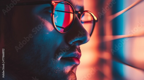 Man in spectacles eyeglasses  look at outside office window in dark room face close up emotionless photo