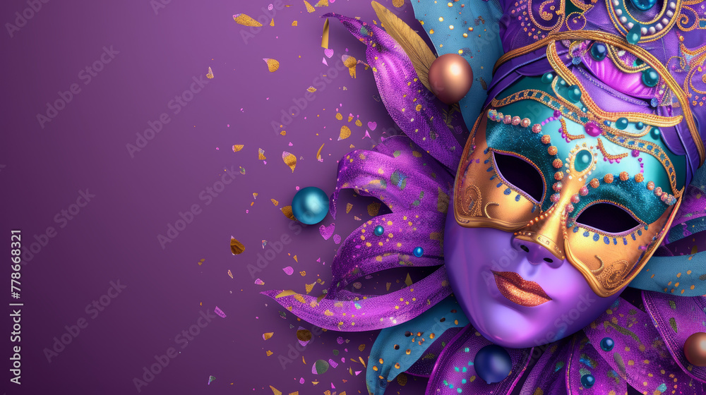 A vibrant graphic with a luxurious purple masquerade mask adorned with feathers and embellishments, evoking mystery and celebration