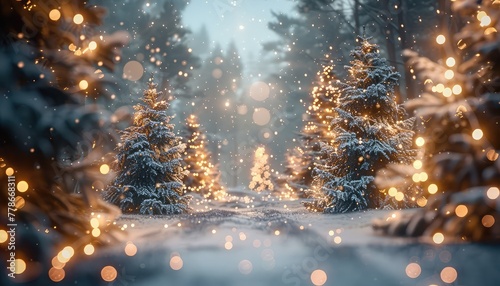 Winter Magic, Snow-covered trees adorned with twinkling lights in a winter wonderland setting, perfect for holiday-themed imagery