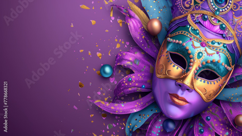 A vibrant graphic with a luxurious purple masquerade mask adorned with feathers and embellishments, evoking mystery and celebration