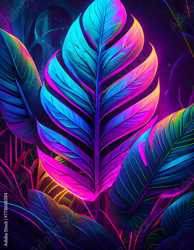 Neon tropical jungle foliage banner on digital art concept  Generative AI.