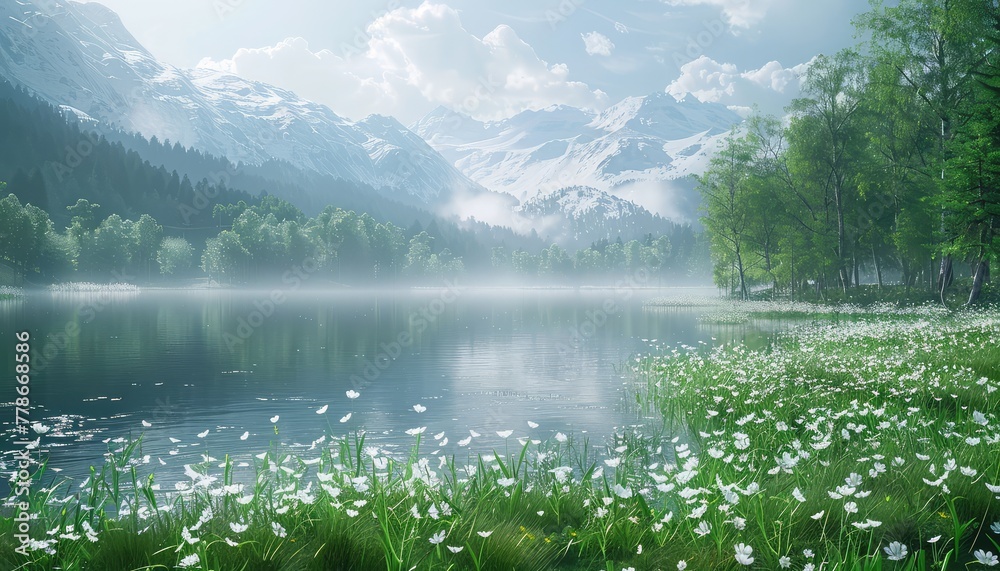 Naklejka premium Spring Thaw, Frozen landscapes transitioning to lush greenery as winter gives way to spring, symbolizing renewal and growth