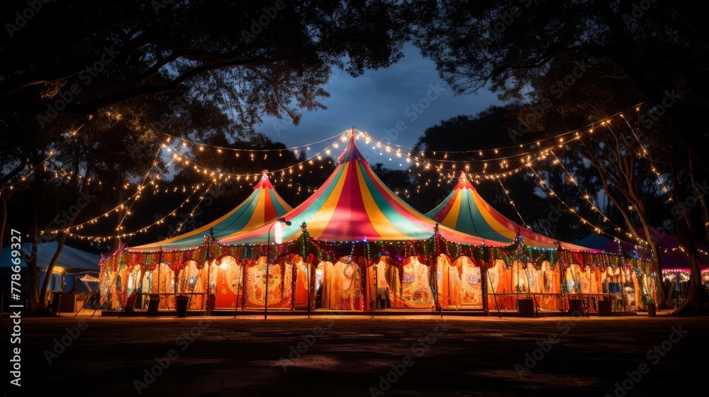 Circus tent illuminated in festive lights during Brazilian carnival