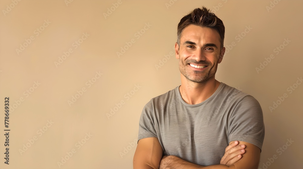 Smiling Confident Man in Casual Attire Posing Against a Beige Background. Portraiture and Lifestyle Emphasis. Perfect for Advertising and Business Presentations. AI Smiling Confident Man in Casual Attire Posing Against a Beige Background. Portraiture and Lifestyle Emphasis. Perfect for Advertising and Business Presentations. AI