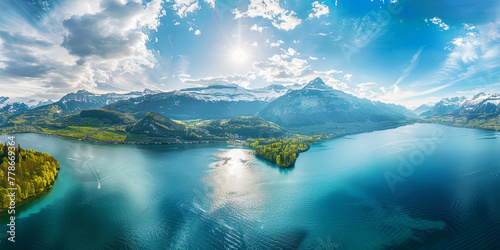 Beautiful panoramic view around mountain Lake in spring day. Rest at nature