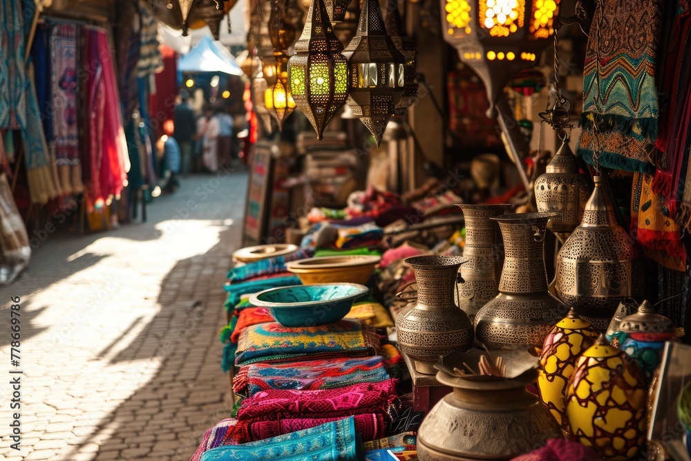 Obraz premium A scene of lively market full of vibrant textiles, pottery, and lanterns, Ai generated