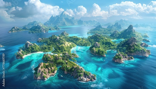 Island Archipelago, Aerial view of a chain of tropical islands surrounded by turquoise waters, inviting viewers to explore and escape