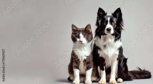 Portrait of a Cute Cat and Dog Sitting Together. Studio Shot, Neutral Background. Perfect for Pet Lovers. Domestic Animal Friendship. AI © Irina Ukrainets