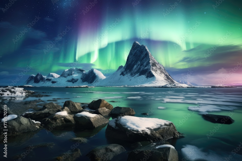 Naklejka premium A scene of the Northern Lights over a mountain landscape, AI-generated
