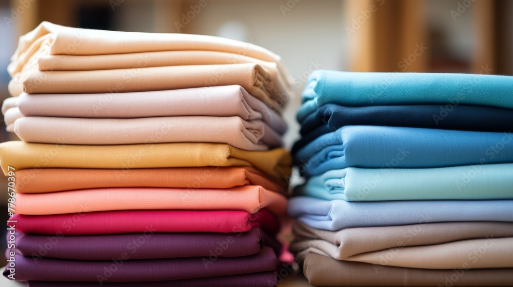 Colorful stacks of clean cotton fabric in a dry cleaning workshop 