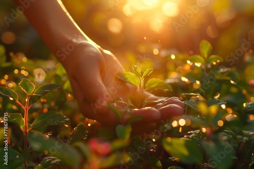 Human hands gently support a young plant, symbolizing care and growth against a backdrop of warm sunlight