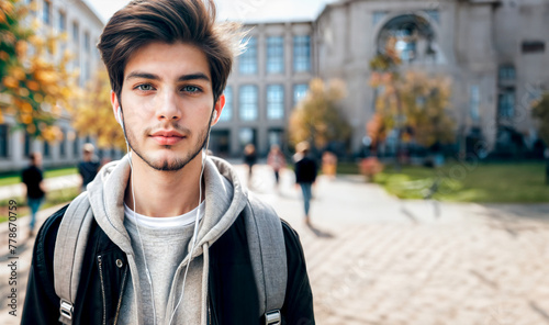 Joven estudiante en campus universitario. Estudiante con audífonos en universidad photo