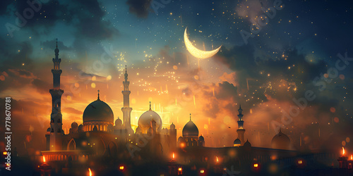 Ramadan Kareem background with mosque and moon and eid mubarak wallpaper
