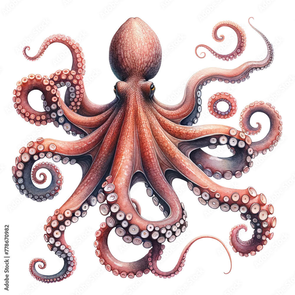 Fototapeta premium Enigmatic Ocean Dweller,Octopus in Captivating Watercolor Underwater Clipart
