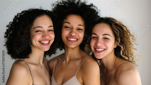 Three Joyful Women Embracing Friendship and Diversity. Casual and Natural Beauty in a Studio Setting. Expressive Smiles Captured. AI