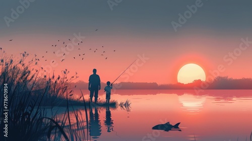 Father and Child Fishing at Serene Sunset Lake Sharing a Tranquil Bonding Moment in Nature