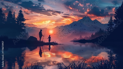 Father and Child Sharing a Serene Fishing Moment at Sunset by the Lake