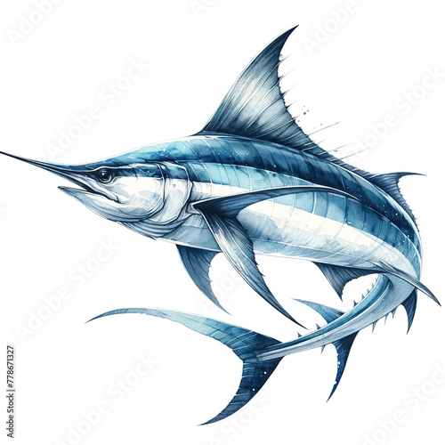 Swift Elegance,Swordfish in Dynamic Watercolor Underwater Clipart
