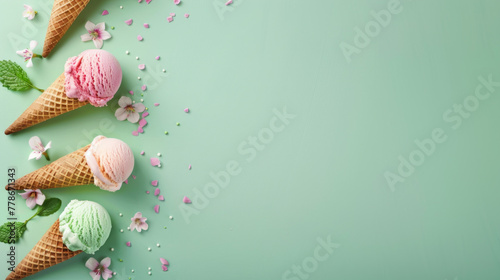 Various ice cream scoops with flower petals and mint leaves on a green surface depicting freshness and natural taste