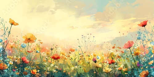 Vibrant Meadow of Swaying Wildflowers in Gentle Breeze Captivating Pastoral Scenery with Abstract Floral Tapestry © Thares2020