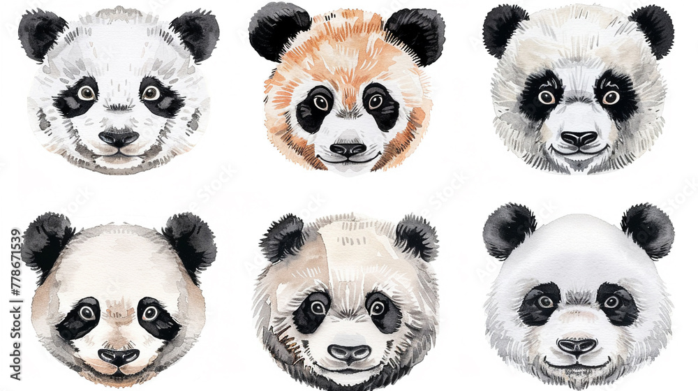Cute set portraits of charectors of panda in watercolour cartoon style.Isolated on white background. Cute set portraits of charectors of panda in watercolour cartoon style.Isolated on white background.