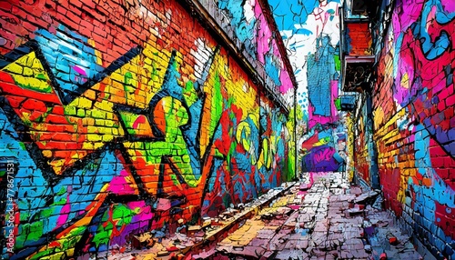 energy of street art with a graffiti-covered brick wall