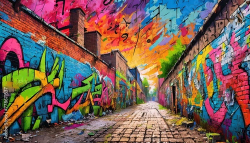 energy of street art with a graffiti-covered brick wall