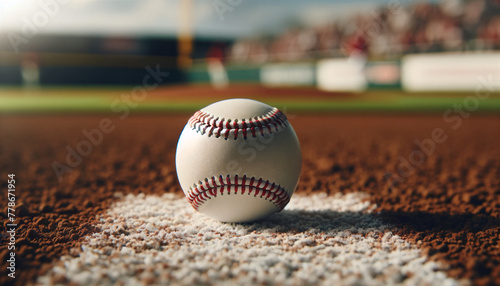 A pristine white baseball with red stitching, positioned on the coarse texture of a brown dirt baseball diamond photo