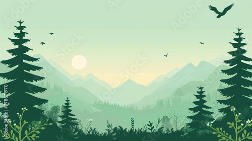 Tranquil forest scenery with a variety of trees, flying birds, and misty mountain range in a serene color palette