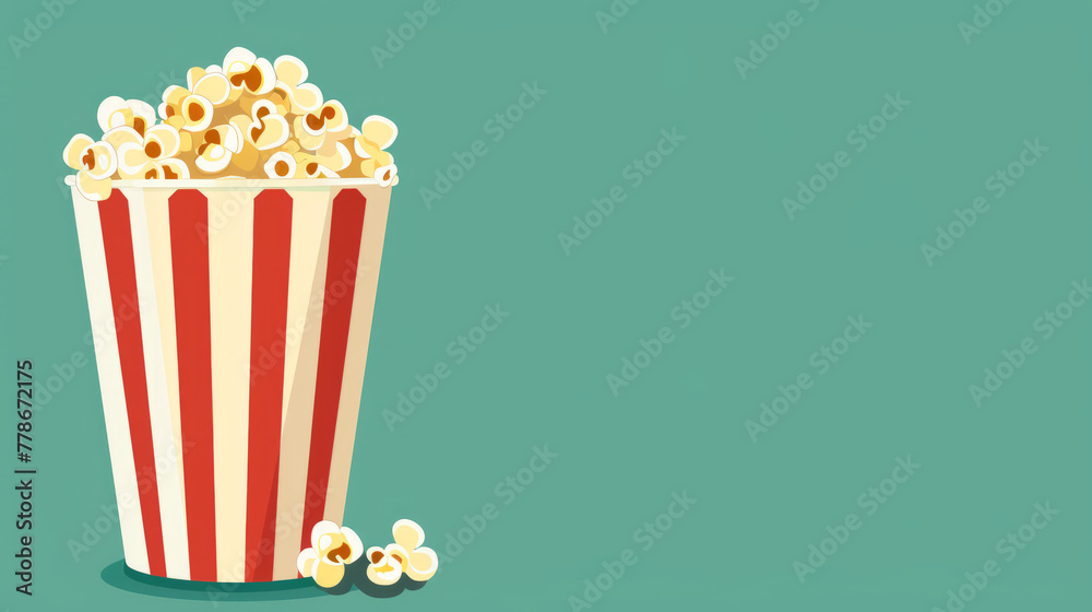 A vibrant illustration of a striped popcorn cup against a muted teal background Ideal for food themed layouts